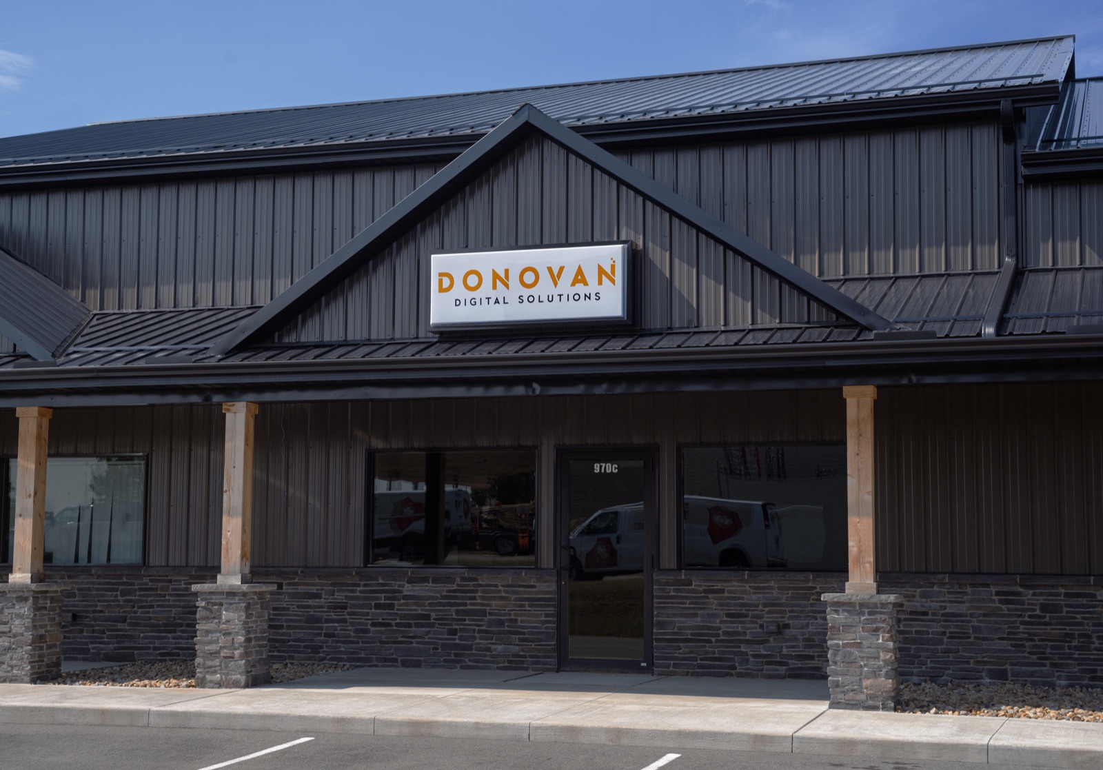 The Donovan Digital Solutions office building and signage at 970 Killian Road, Akron, Ohio